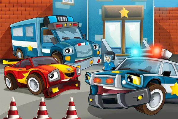 Escena Dibujos Animados Con Coche Policía Coche Deportivo Estación Policía — Foto de Stock