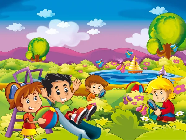 卡通夏天自然背景附近的湖与孩子们有乐趣和野餐 例证为孩子 — 图库照片
