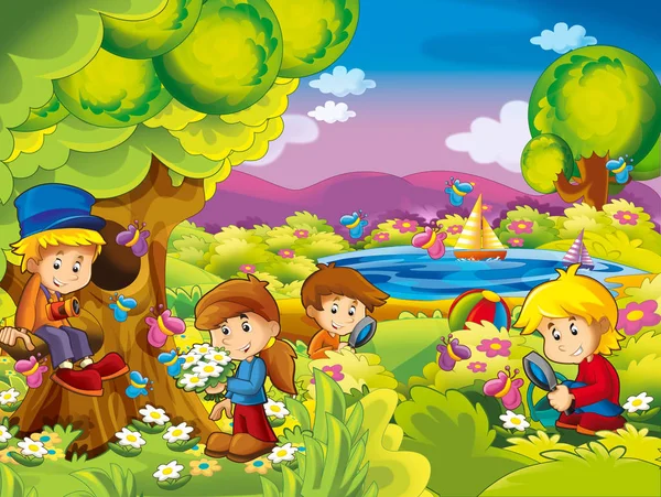 Cartoon Summer Nature Background Lake Kids Having Fun Picnic Illustration — Stock Photo, Image