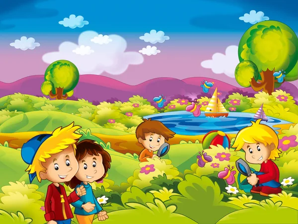 漫画夏楽しみとピクニック 子供のための図を持つ子供たちと湖の近く 自然の背景 — ストック写真