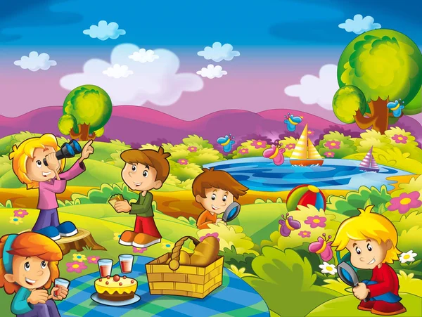 Cartoon Summer Nature Background Lake Kids Having Fun Picnic Illustration — Stock Photo, Image