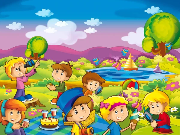 卡通夏天自然背景附近的湖与孩子们有乐趣和野餐 例证为孩子 — 图库照片
