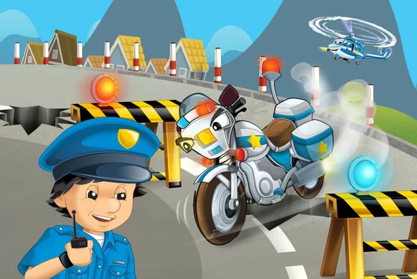 Escena Dibujos Animados Con Motocicleta Policía Conduciendo Través Del Policía — Foto de Stock