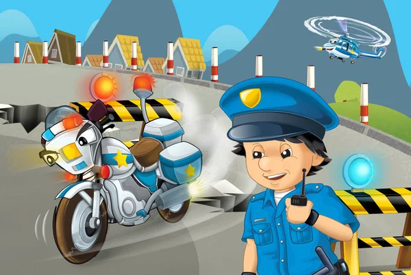 cartoon scene with police motorcycle driving through the city policeman - illustration for children