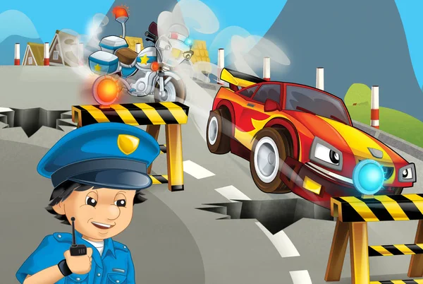 Escena Dibujos Animados Con Motocicleta Policía Conduciendo Través Del Policía — Foto de Stock