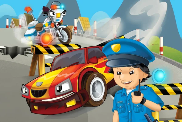 Cartoon Scene Police Motorcycle Driving City Policeman Illustration Children — Stock Photo, Image