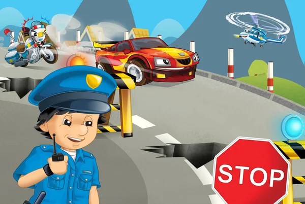 Cartoon Scene Police Motorcycle Driving City Policeman Illustration Children — Stock Photo, Image