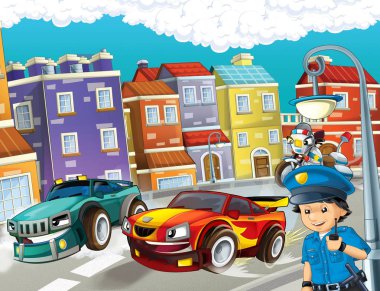 cartoon scene with police chase motorcycle driving through the city policeman - illustration for children clipart