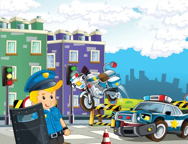 Karakolda Polis Arabası Spor Arabalı Çizgi Film Sahnesi Polis Memuru — Stok fotoğraf