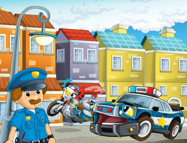 Cartoon Scen Med Polis Bil Motor Och Polis Patrull Illustration — Stockfoto