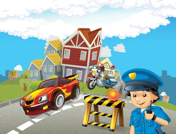 cartoon scene with police chase motorcycle driving through the city policeman - illustration for children