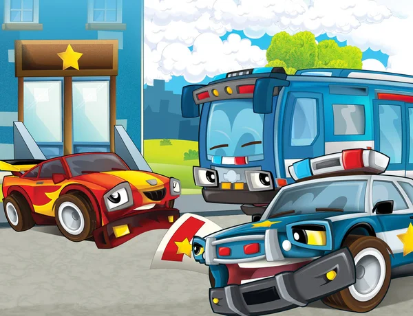 Cartoon Scene Police Chase Motorcycle Car Bus Driving City Policeman — Stock Photo, Image
