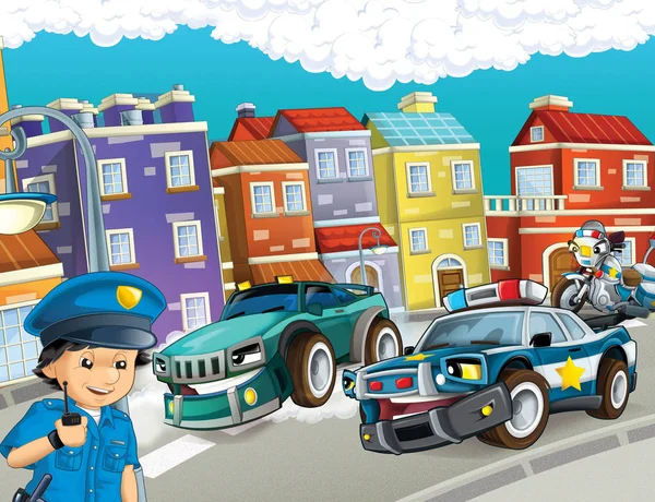 cartoon scene with police chase motorcycle and car driving through the city policeman - illustration for children