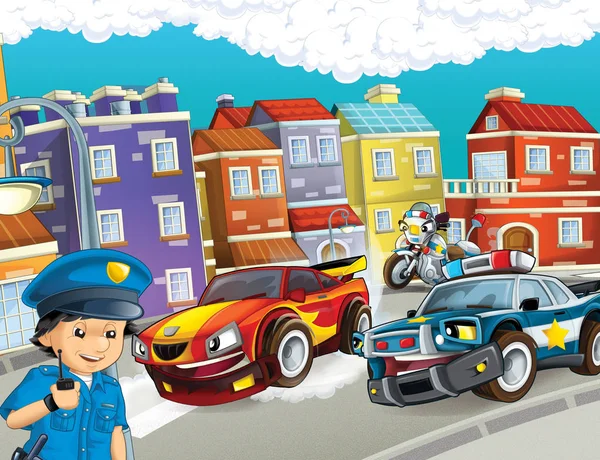 cartoon scene with police chase motorcycle and car driving through the city policeman - illustration for children