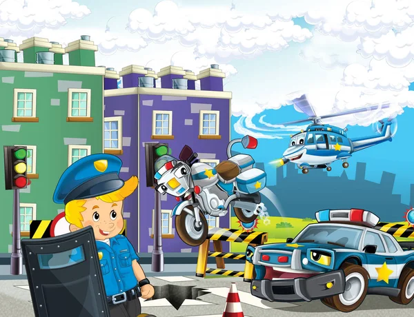 Cartoon Szene Mit Fliegendem Polizeiauto Und Polizist Auf Streife Illustration — Stockfoto