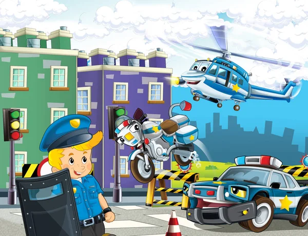 Cartoon Szene Mit Fliegendem Polizeiauto Und Polizist Auf Streife Illustration — Stockfoto