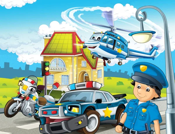 警察車のモーター ヘリコプターの飛行と警官パトロール 子供のためのイラストに漫画シーン — ストック写真