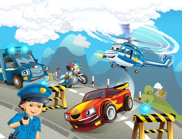 cartoon scene with police chase motorcycle and truck driving through the city helicopter flying and policeman - illustration for children