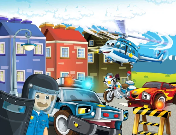 cartoon scene with police chase motorcycle and car driving through the city helicopter flying and policeman - illustration for children