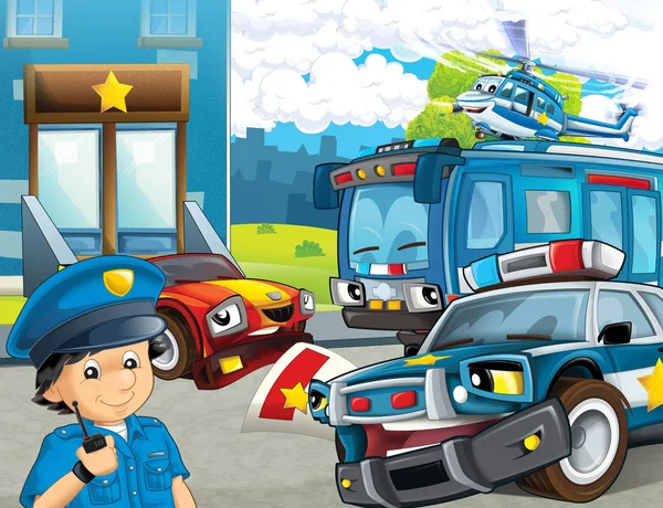 Kreslený Scény Policejní Motocykl Auto Autobus Projížděl Městem Vrtulník Létání — Stock fotografie