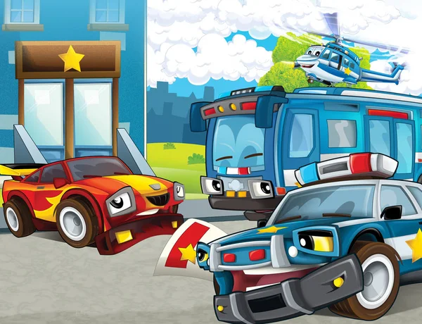 cartoon scene with police motorcycle car and bus driving through the city helicopter flying and policeman near police station - illustration for children
