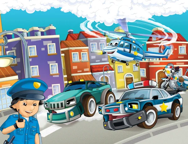 cartoon scene with police chase motorcycle and car driving through the city helicopter flying and policeman - illustration for children