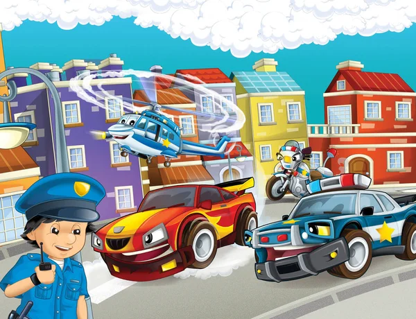 Cartoon Scene Police Chase Motorcycle Car Driving City Helicopter Flying — Stock Photo, Image