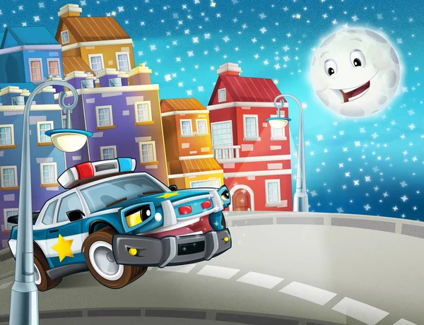 Cartoon Scène Met Politie Auto Rijden Door Stad Praten Met — Stockfoto