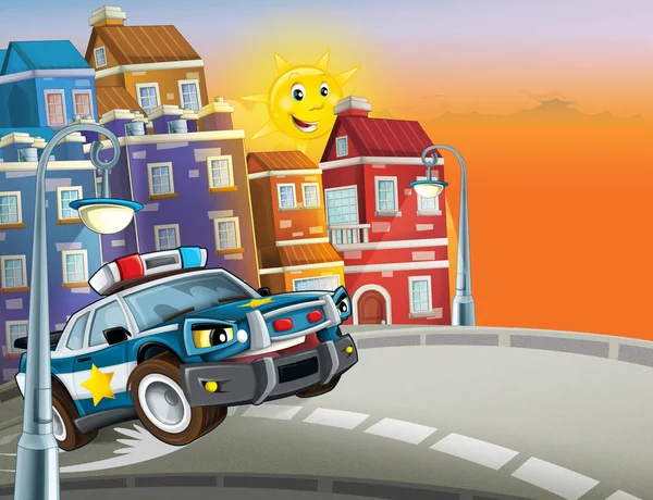 Kreslený Scény Policejní Auto Projížděl Městem Ilustrace Pro Děti — Stock fotografie
