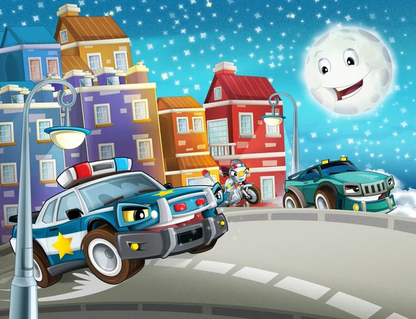 Kreskówka Scena Policji Chase Motocykl Samochód Jazdy Przez Miasto Ilustracja — Zdjęcie stockowe
