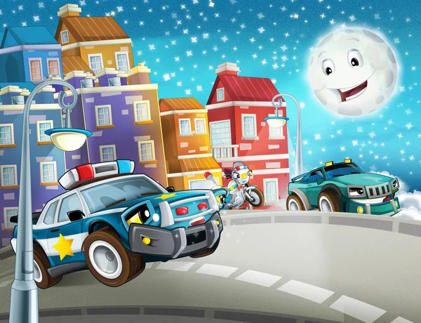 cartoon scene with police chase motorcycle and car driving through the city - illustration for children