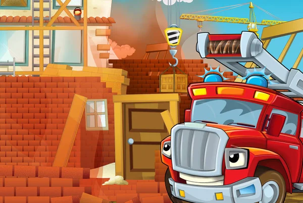 Cartoon Illustration Mit Feuerwehrauto Bei Der Arbeit Bei Unfall Auf — Stockfoto