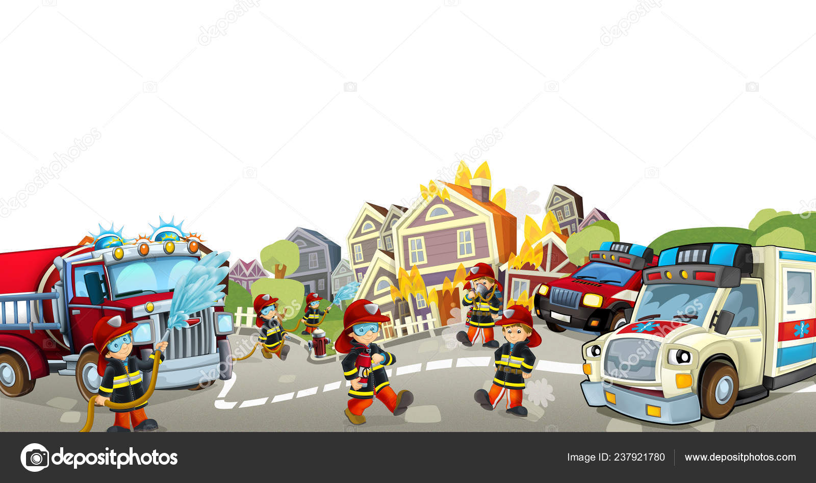 Cartoon Illustration Fire Fighters Cars Work Putting Out Fire Ambulance  Stock Photo by ©illustrator_hft 237921780