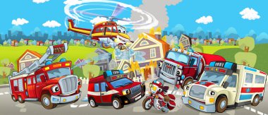 İtfaiye ve ambulans renkli ve neşeli sahne için farklı makineleri ile çizgi film sahne
