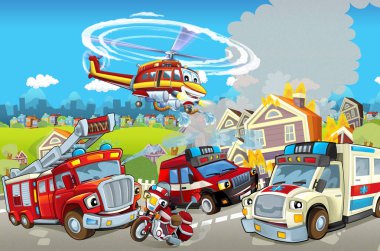 İtfaiye ve ambulans renkli ve neşeli sahne için farklı makineleri ile çizgi film sahne