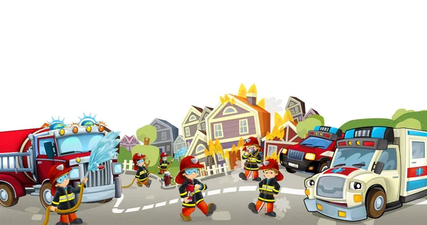 卡通插图与消防队员和他们的汽车在工作中扑灭消防和救护车 有文字空间 为儿童作说明 — 图库照片