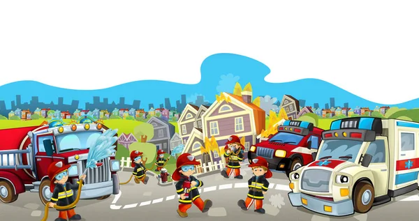 Мультяшна Ілюстрація Пожежниками Їхніми Машинами Роботі Викладає Вогонь Швидку Допомогу — стокове фото