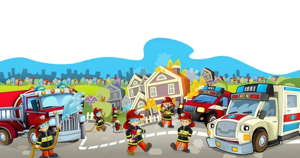 Ilustração Cartoon Com Bombeiros Seus Carros Trabalho Apagar Fogo Ambulância — Fotografia de Stock