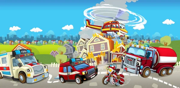 Cartoon Scenen Med Olika Maskiner För Brandbekämpning Och Ambulans Färgstarka — Stockfoto