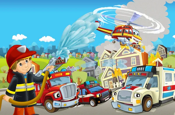 Cartoon Stage Different Machines Firefighting Ambulance Colorful Cheerful Scene — Stock Photo, Image