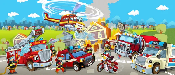 cartoon stage with different machines for firefighting and ambulance colorful and cheerful scene