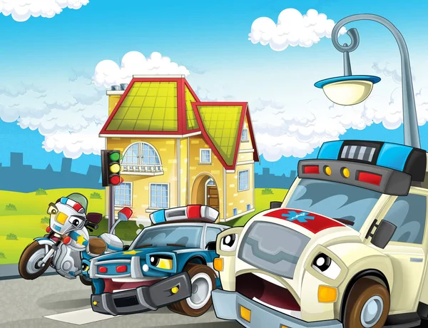 Escena Dibujos Animados Con Coche Policía Motor Policía Patrulla Ambulancia —  Fotos de Stock