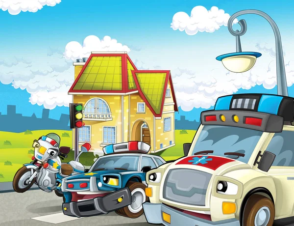 警察車モーターと警官のパトロールと救急車 子供のためのイラストに漫画シーン — ストック写真