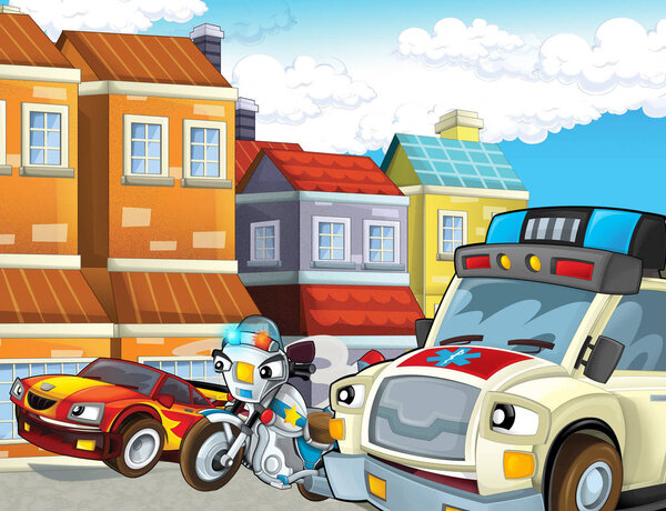 cartoon scene with police chase motorcycle driving through the city policeman and ambulance - illustration for children