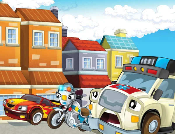 Cartoon Szene Mit Polizei Jagt Motorrad Fährt Durch Die Stadt — Stockfoto