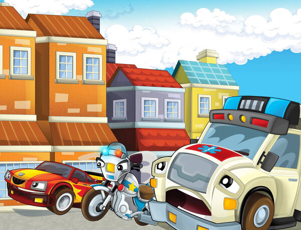 cartoon scene with police chase motorcycle driving through the city policeman and ambulance - illustration for children