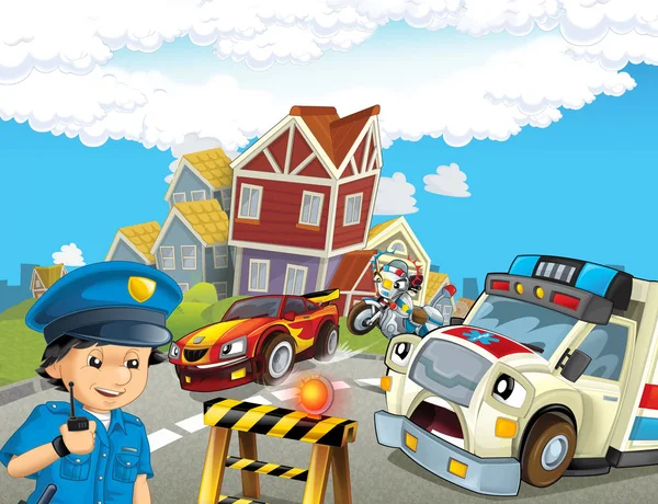 Desenho Animado Cena Com Carro Polícia Dirigindo Pela Cidade Ilustração  Ilustração por ©illustrator_hft #404864574