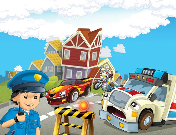 cartoon scene with police chase motorcycle driving through the city helicopter flying policeman and ambulance - illustration for children