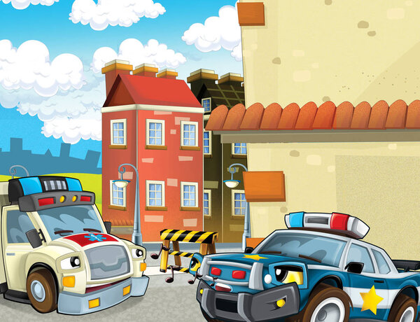 cartoon scene with police car helicopter flying and policeman on patrol and ambulance - illustration for children