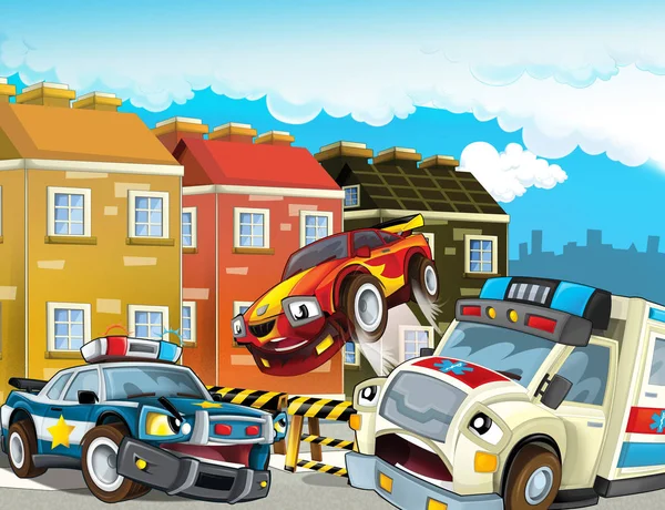 Γελοιογραφία Σκηνή Την Αστυνομία Αυλάκωμα Μοτοσικλέτα Και Αυτοκίνητο Οδήγηση Μέσω — Φωτογραφία Αρχείου